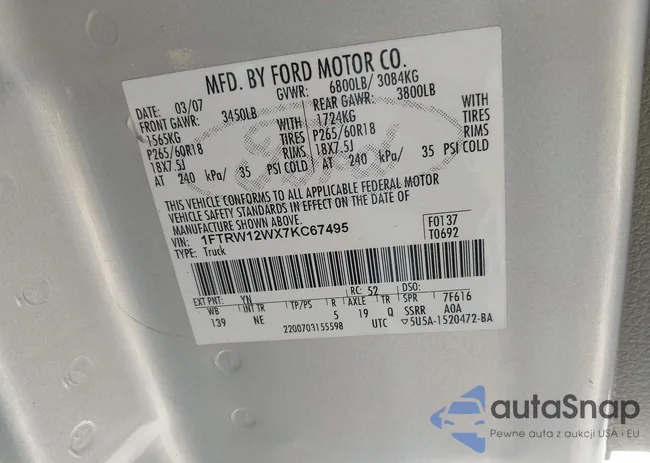 1FTRW12WX7KC67495: 43545210