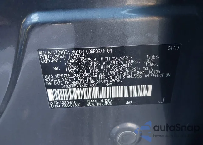 JTMBFREV3DD017809: 43546597