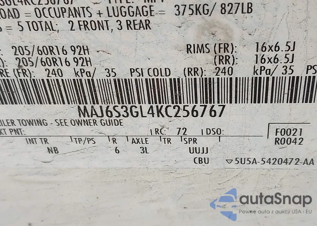 MAJ6S3GL4KC256767: 43546156