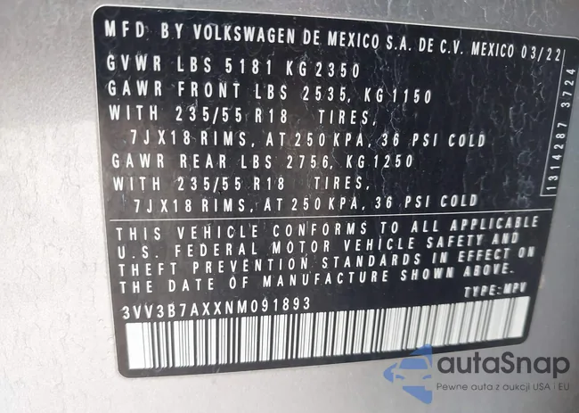 3VV3B7AXXNM091893: 43547703