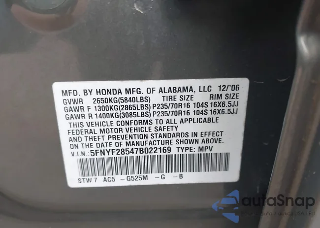 5FNYF28547B022169: 43547057