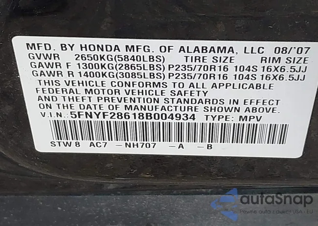 5FNYF28618B004934: 43548605