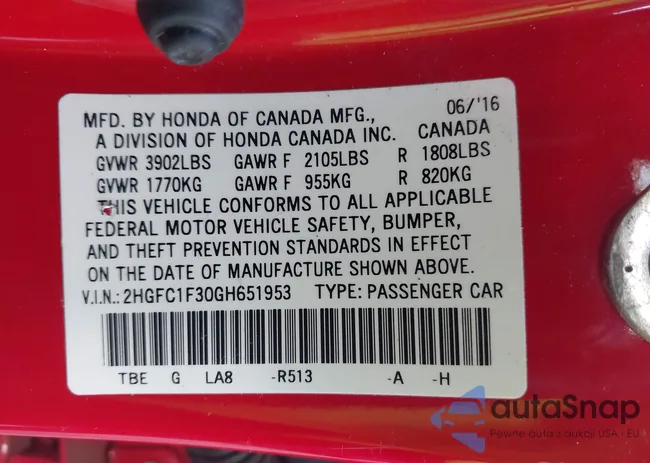 2HGFC1F30GH651953: 43548923