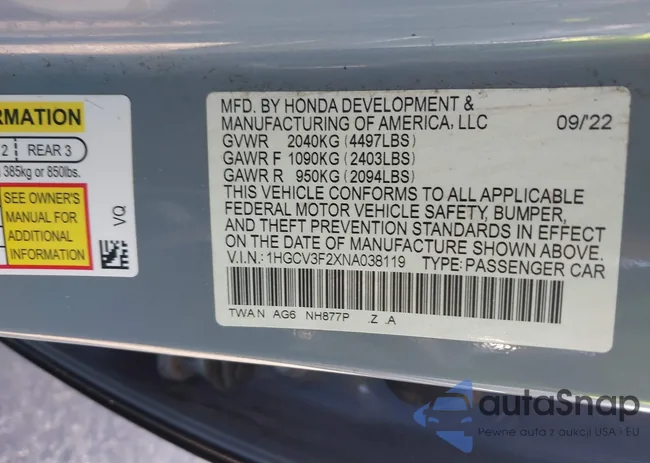 1HGCV3F2XNA038119: 43550762