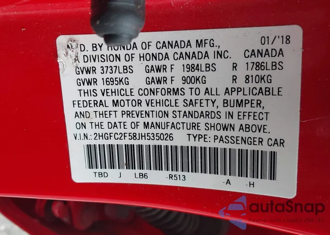 2HGFC2F58JH535026: 43550898