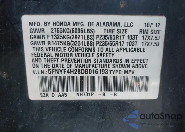 5FNYF4H28DB016193: 43552042