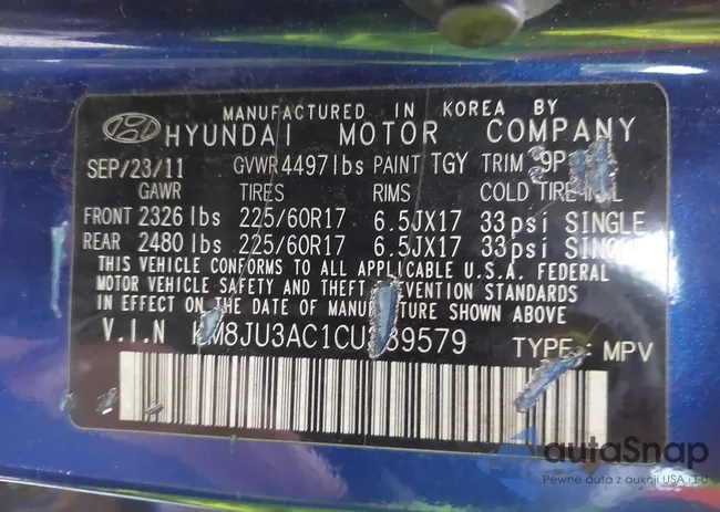 KM8JU3AC1CU389579: 43554678