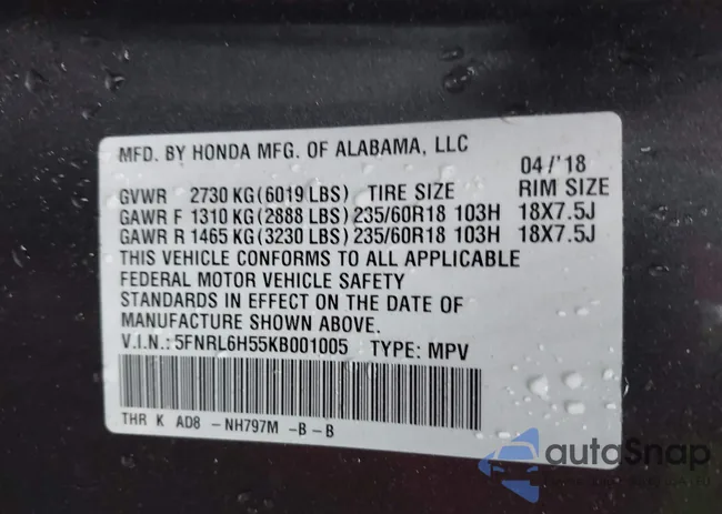 5FNRL6H55KB001005: 43554701