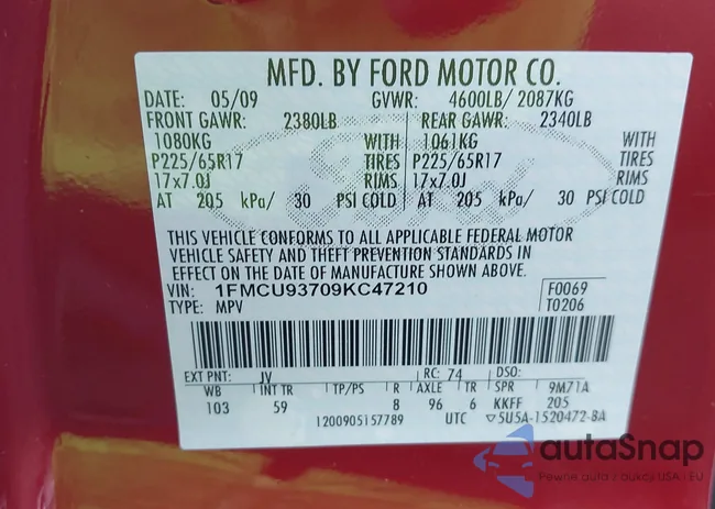 1FMCU93709KC47210: 43554876