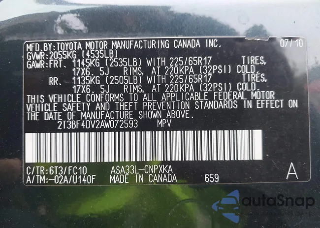 2T3BF4DV2AW072593: 43555159