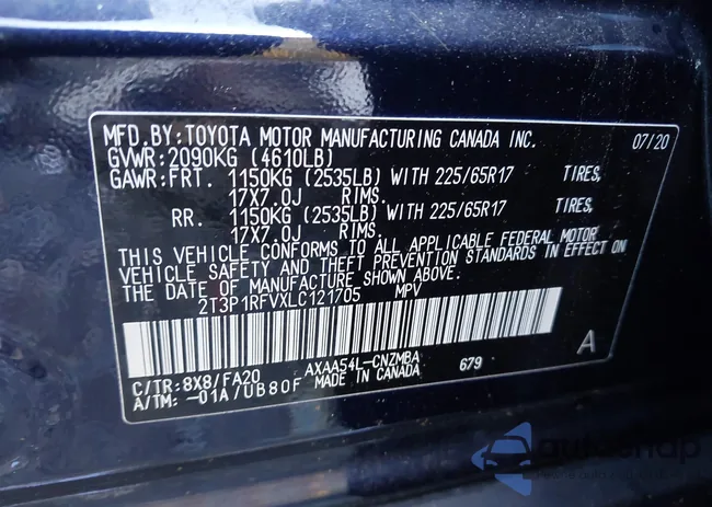 2T3P1RFVXLC121705: 43555257