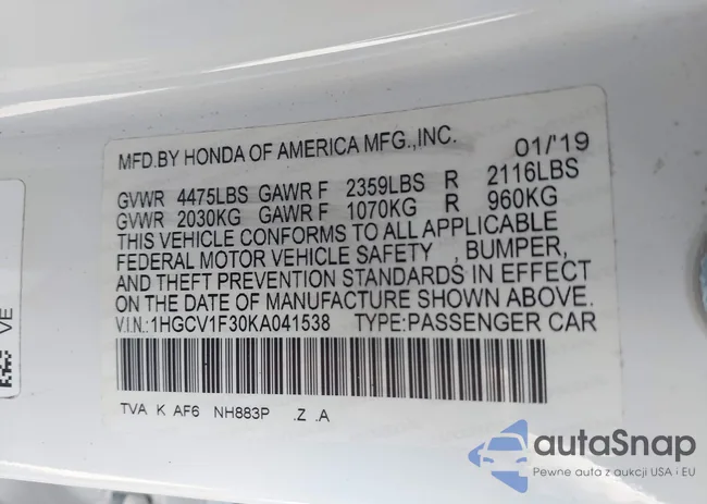 1HGCV1F30KA041538: 43556381