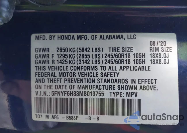 5FNYF6H33MB013755: 43557598