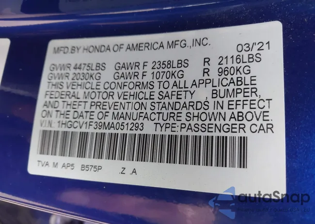 1HGCV1F39MA051293: 43557657