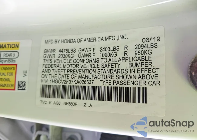 1HGCV2F37KA026637: 43557799