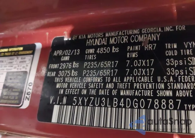5XYZU3LB4DG078887: 43557842