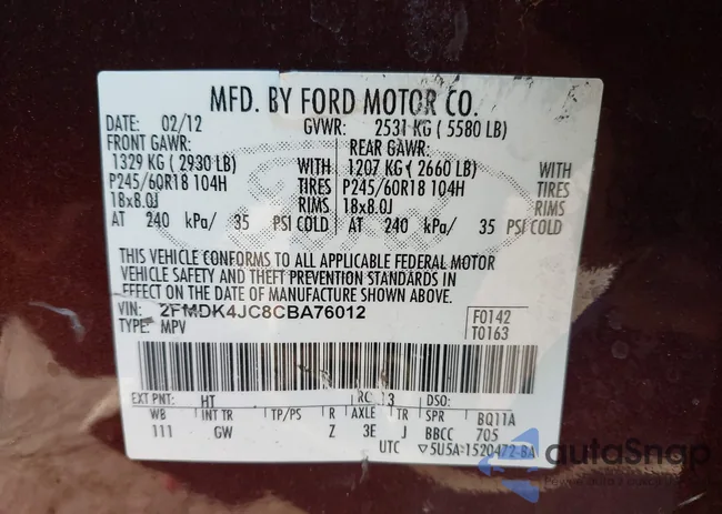 2FMDK4JC8CBA76012: 43557864