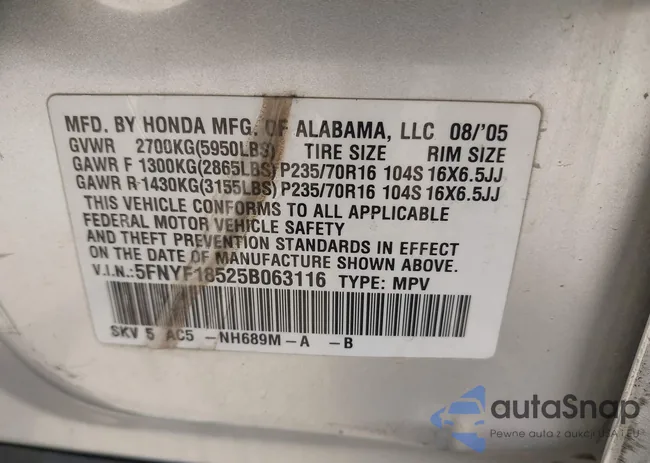 5FNYF18525B063116: 43557888