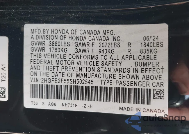 2HGFE2F55SH502545: 43557045