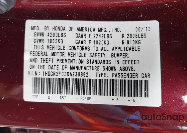 1HGCR2F33DA230892: 43558385