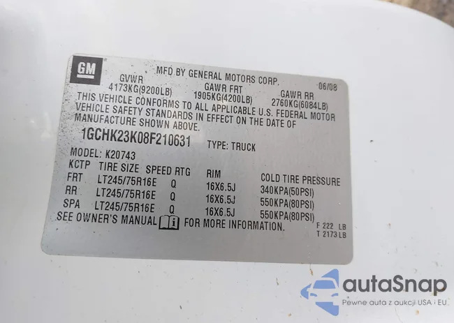 1GCHK23K08F210631: 43558042