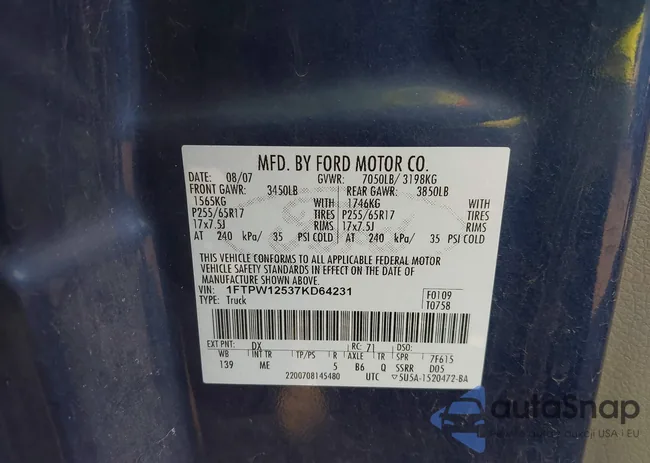 1FTPW12537KD64231: 43558235