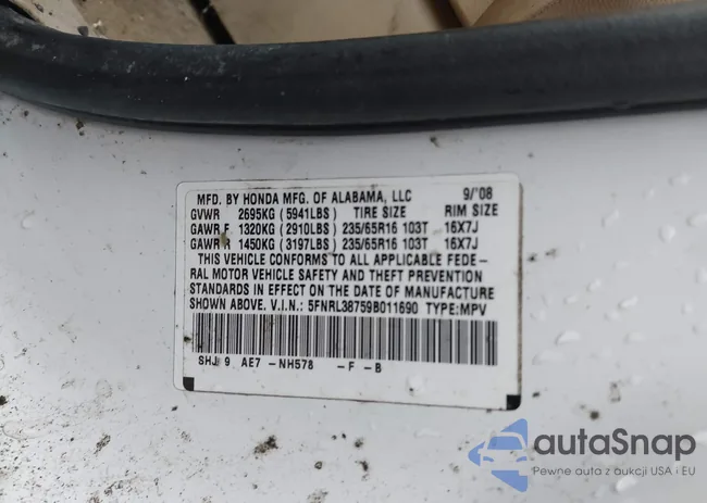 5FNRL38759B011690: 43559640