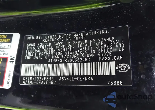 4T1BF3EK3BU662293: 43559777