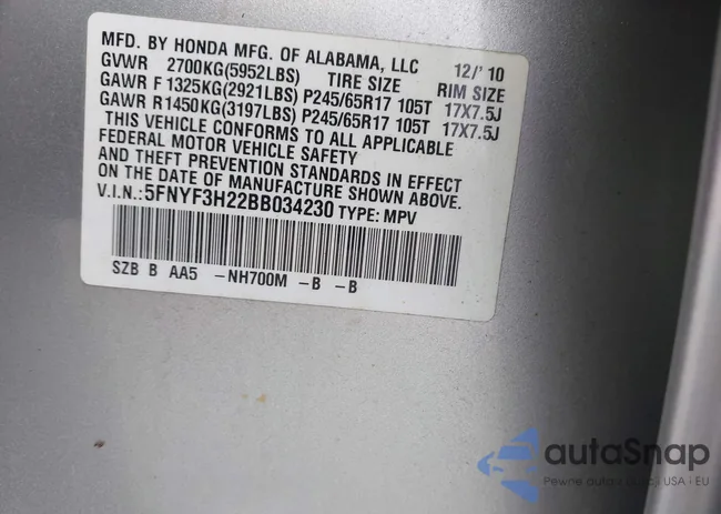 5FNYF3H22BB034230: 43559909