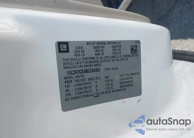 1GC2KVCG4BZ243463: 43560434