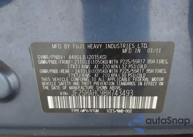 JF2SHAHC9BH743493: 43560787