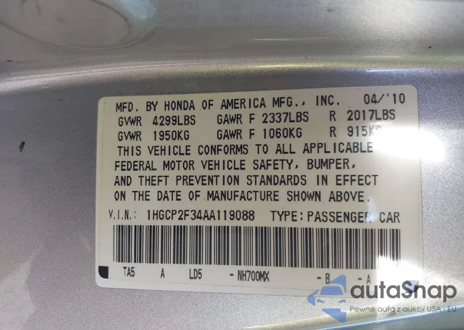 1HGCP2F34AA119088: 43560102