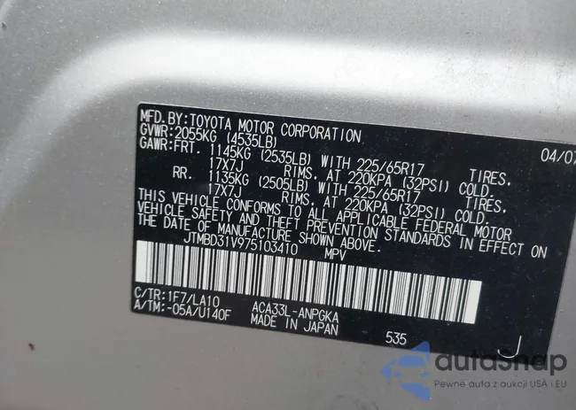 JTMBD31V975103410: 43560219