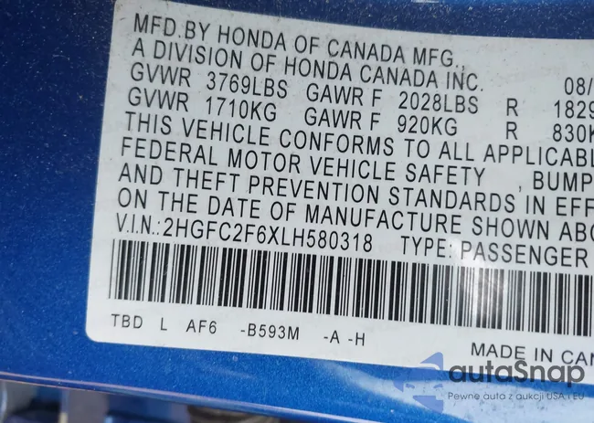 2HGFC2F6XLH580318: 43560341