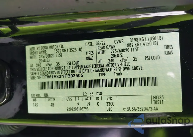 1FTFW1E83NFB93505: 43561059