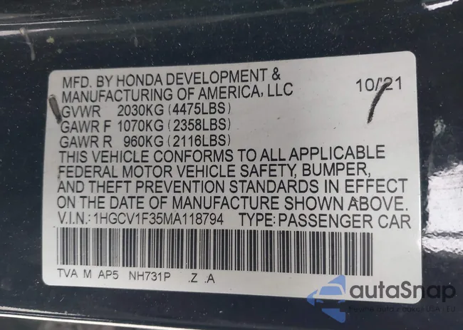 1HGCV1F35MA118794: 43562931