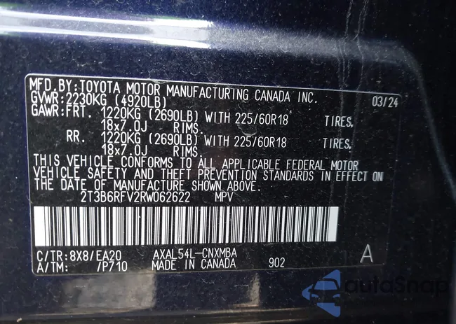 2T3B6RFV2RW062622: 43562309
