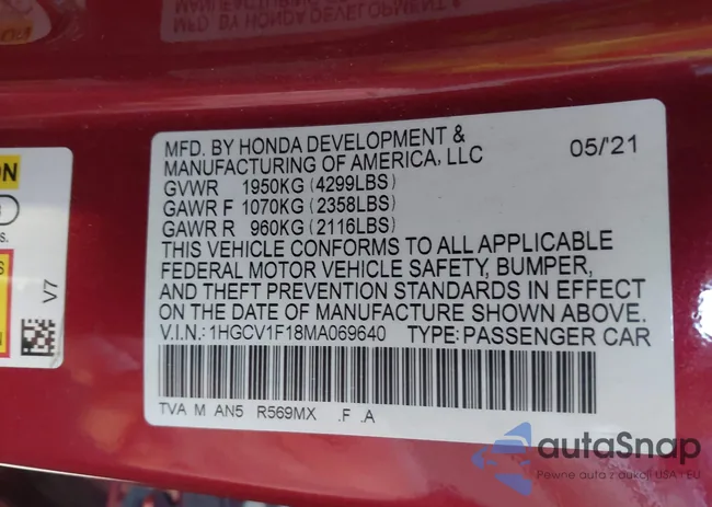 1HGCV1F18MA069640: 43563384