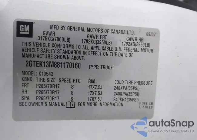 2GTEK13M881170160: 43562980