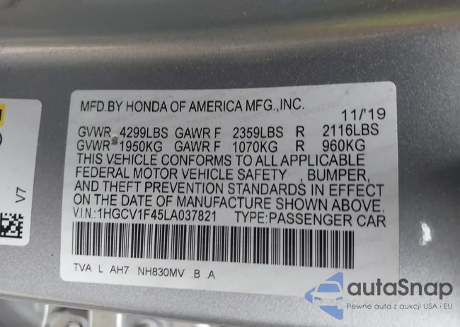 1HGCV1F45LA037821: 43564577