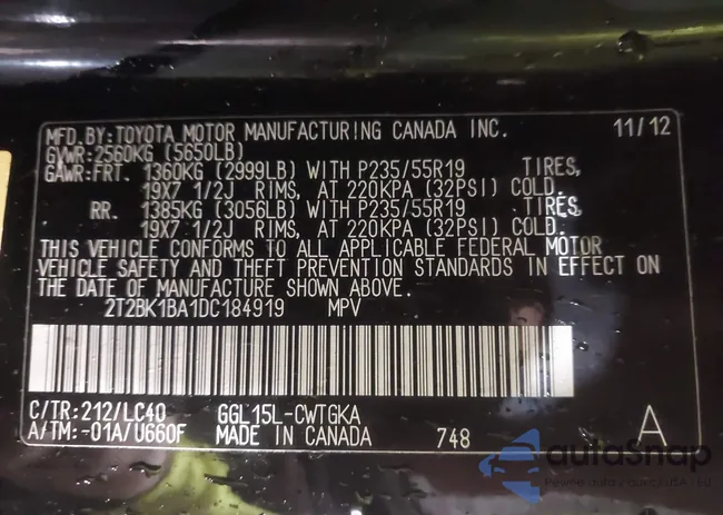 2T2BK1BA1DC184919: 43564879