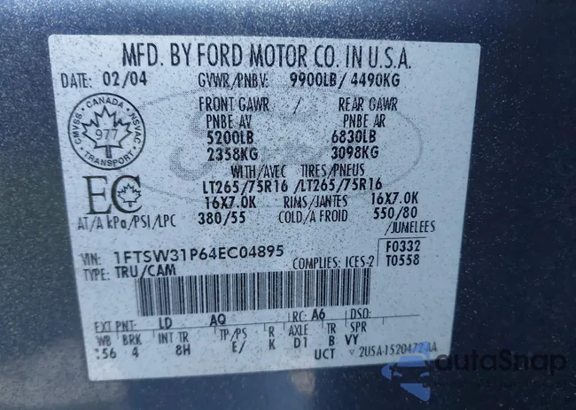 1FTSW31P64EC04895: 43564255