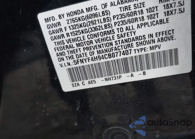 5FNYF4H94CB077407: 43565406