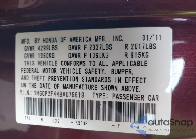 1HGCP2F44BA075619: 43565518