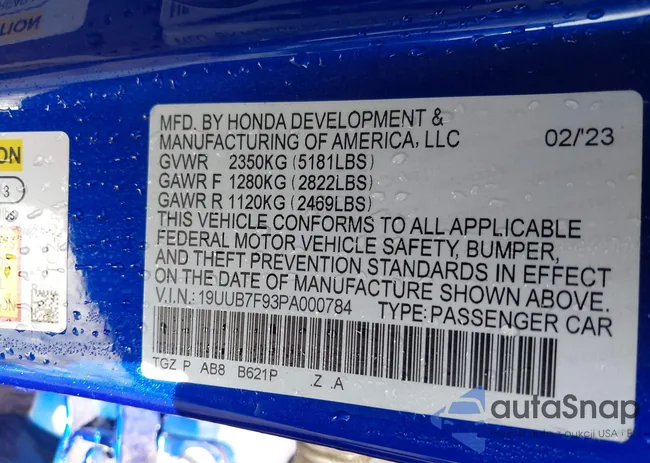 19UUB7F93PA000784: 43564983