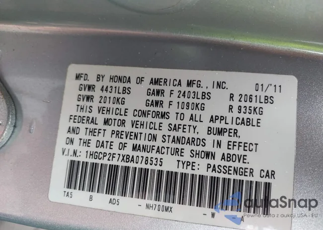 1HGCP2F7XBA078535: 43565039