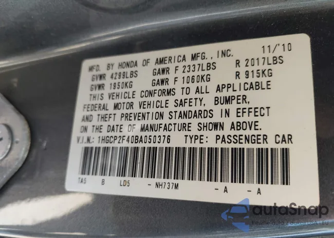 1HGCP2F40BA050376: 43565104