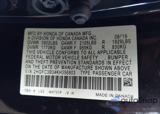 2HGFC3B34KH356803: 43566953