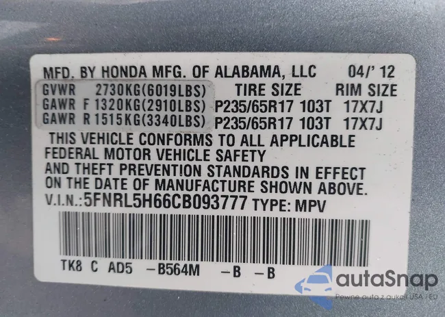 5FNRL5H66CB093777: 43567431