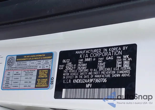 KNDEU2AA9P7360706: 43567630